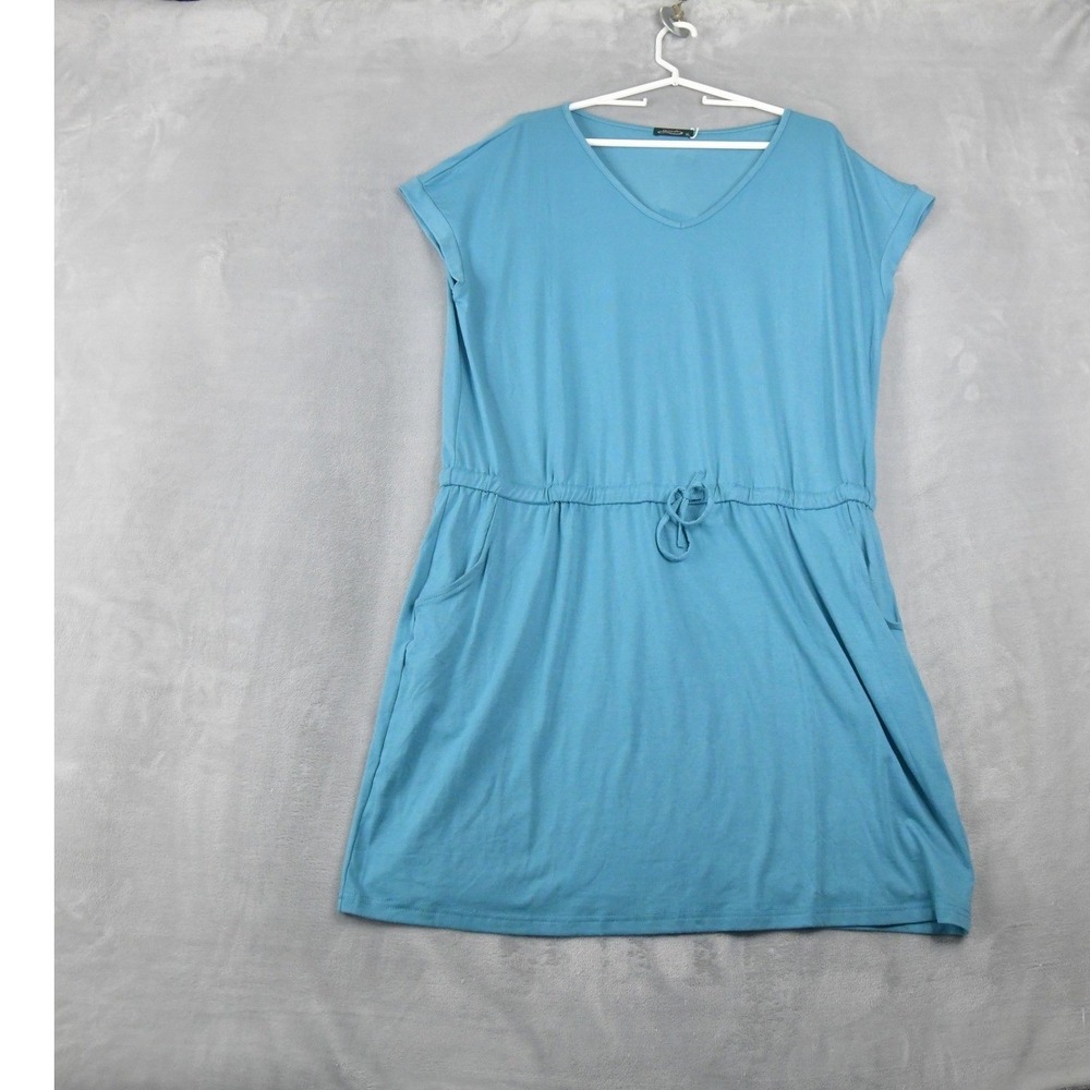 Ofeefan Womens Teal Blue V-Neck Short Sleeve Drawstring Waist Pocket Dress XL